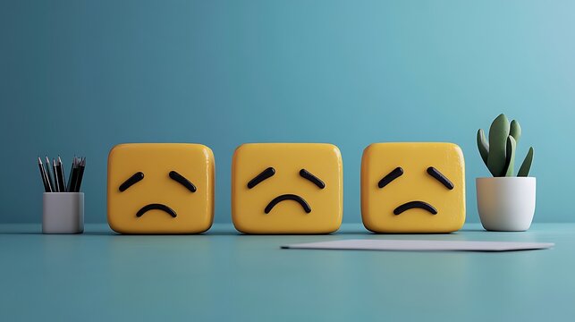 Sad emojis on desk, office setting, frustration, low morale