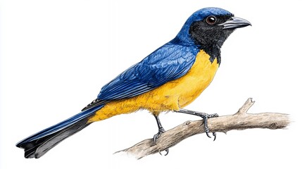 Obraz premium Detailed Illustration of a Blue and Yellow Bird on a White Background