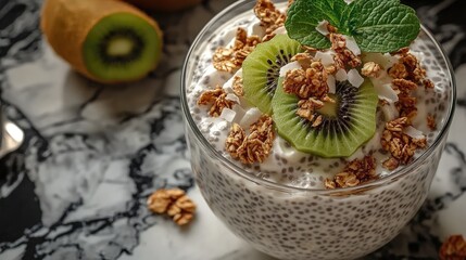 Delicious chia seed pudding topped with kiwi slices and granola, set on a marble background