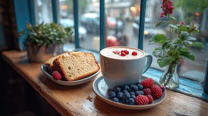 Cozy caf? scene featuring a cup of coffee with berries and cake, rain-soaked street outside