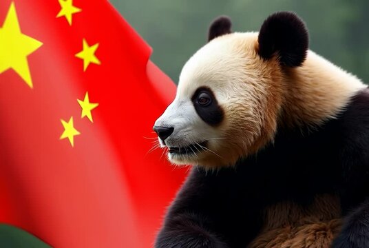 Portrait of a Giant Panda Symbolizing Chinese Wildlife Amidst the Vibrant Colors of the Chinese Flag, Highlighting National Pride and Cultural Heritage