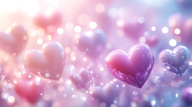 Colorful hearts floating in a dreamy, magical background with a soft glow.