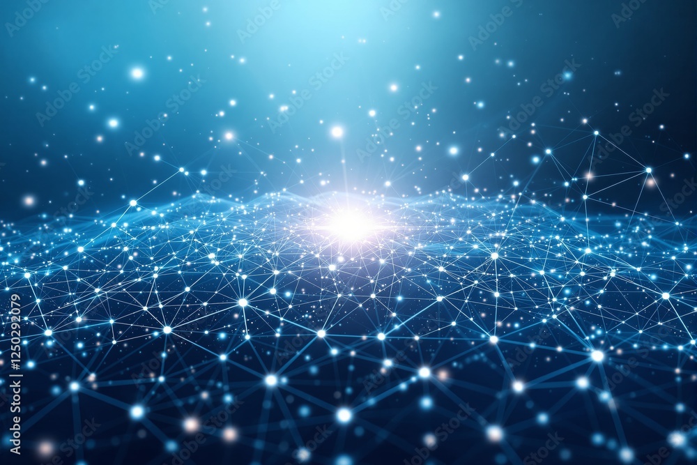 Poster abstract glowing network connections with bright nodes, shining over a deep blue background. concept