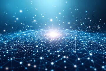 Fototapeta premium Abstract glowing network connections with bright nodes, shining over a deep blue background. Concept of digital communication and futuristic technology. Ai generative