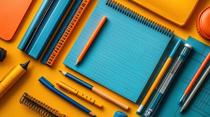 Vibrant stationery layout featuring colorful notebooks, pens, and office supplies on a bright background