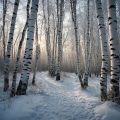 "A narrow, snow-covered path winding through a grove of birch trees with frost-covered branches."