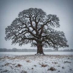 "A single ancient oak tree, its branches heavy with snow, standing alone in a quiet snowy field."