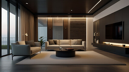 Modern luxury TV room with minibar stocked with high end drinks, Modern Living Room with Black and Gold Decor, Elegant Luxury Living: Minimalist Comfort,Modern Minimalism in Luxurious Living


