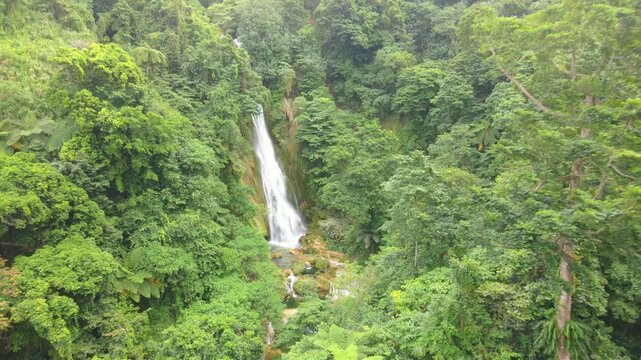 A stunning aerial reveal of a waterfall in Vanuatu as the drone moves backward and upward, unveiling lush tropical greenery. Showcasing nature's beauty from above in this cinematic drone footage