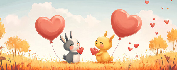 Obraz premium Cute rabbits holding heart balloons in a colorful, whimsical landscape.