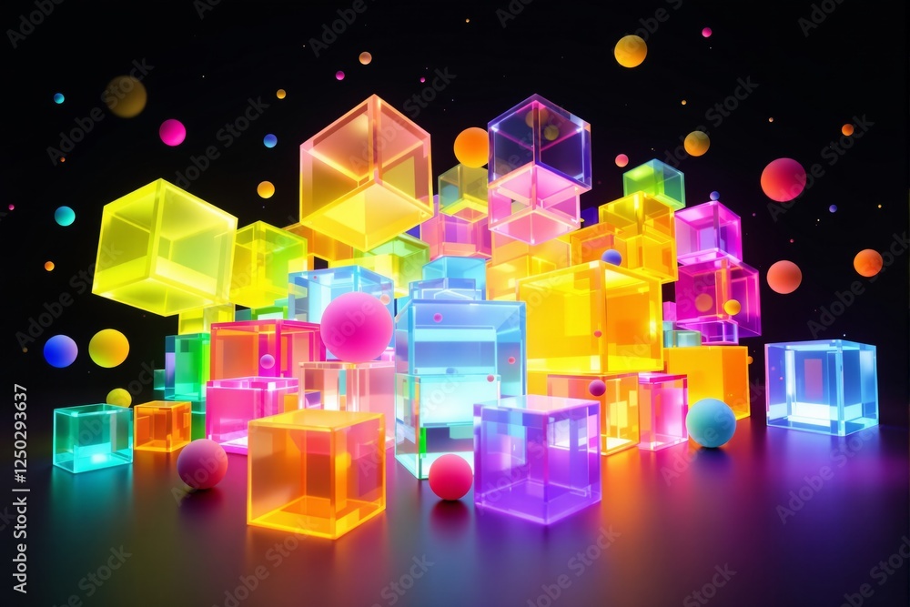 Aufkleber vibrant translucent cubes and spheres in neon colors floating in a futuristic space, creating a crea