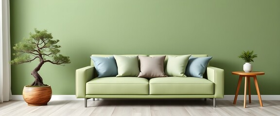 Serene Simplicity: A Minimalist Green Living Room with Wooden Accents