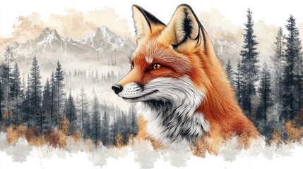 Fototapeta premium Majestic red fox portrait amidst a serene forest landscape with mountains in the background