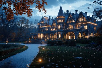 Naklejka premium Approaching the enigmatic mansion twilight encounter photography eerie shadows captivating scene