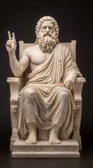 Fototapeta premium Detailed Off White Stone Deity Statue Seated and Giving Peace Sign Against Dark Background
