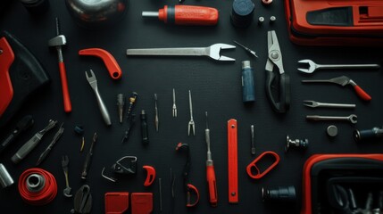 Fototapeta premium Collection of Red Hand Tools and Accessories on Black Background