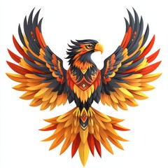 Obraz premium Vibrant Phoenix Illustration with Outstretched Wings in Fiery Hues of Orange, Red, and Black on a White Background