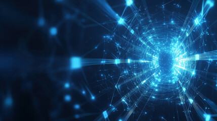 Abstract blue digital background with glowing connections and dots on a dark space