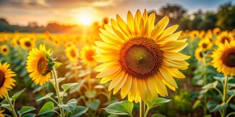 Obraz premium Summer Sunflower Field, Vibrant Yellow Flowers, Blooming Sunflowers, Annual Plant, Helianthus Annuus