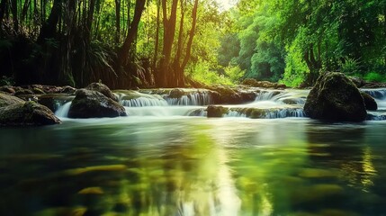 Gentle River Flowing Through the Rainforest with Clear Water Reflecting Trees and a Peaceful Atmosphere
