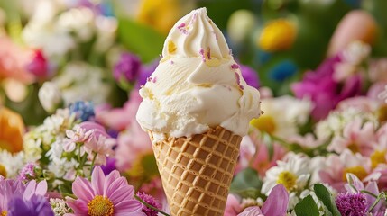 Ice Cream in Nature with Floral Background