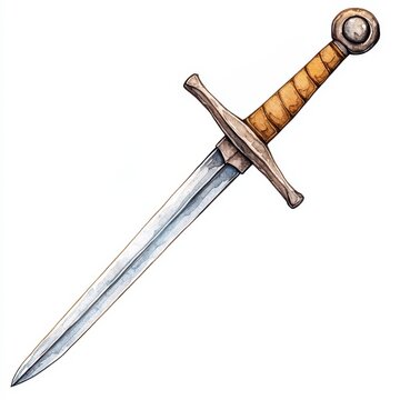 Detailed Watercolor Illustration Of A Medieval Sword On White Background