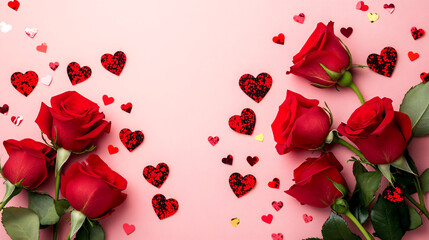 Romantic red roses scattered with heart-shaped confetti on a pink background.