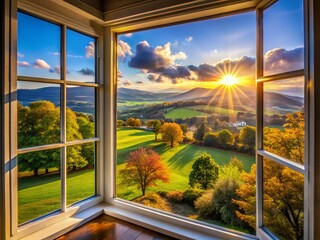 Fototapeta premium Sunlit Landscape Seen Through Window, Bright Light Streaming In, Scenic View