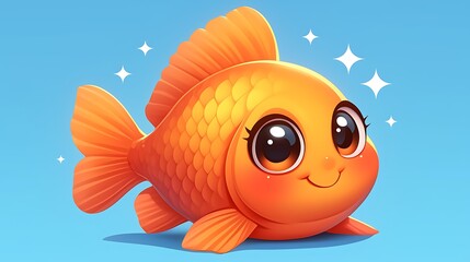 Cute cartoon goldfish, happy expression, light blue background, sparkly stars