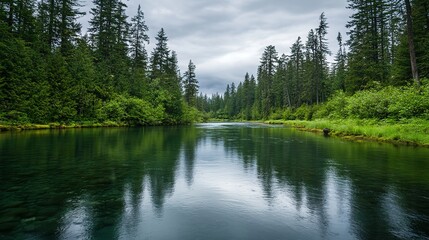 Obraz premium Gentle River Flowing Through the Rainforest with Clear Water Reflecting Trees and a Peaceful Atmosphere