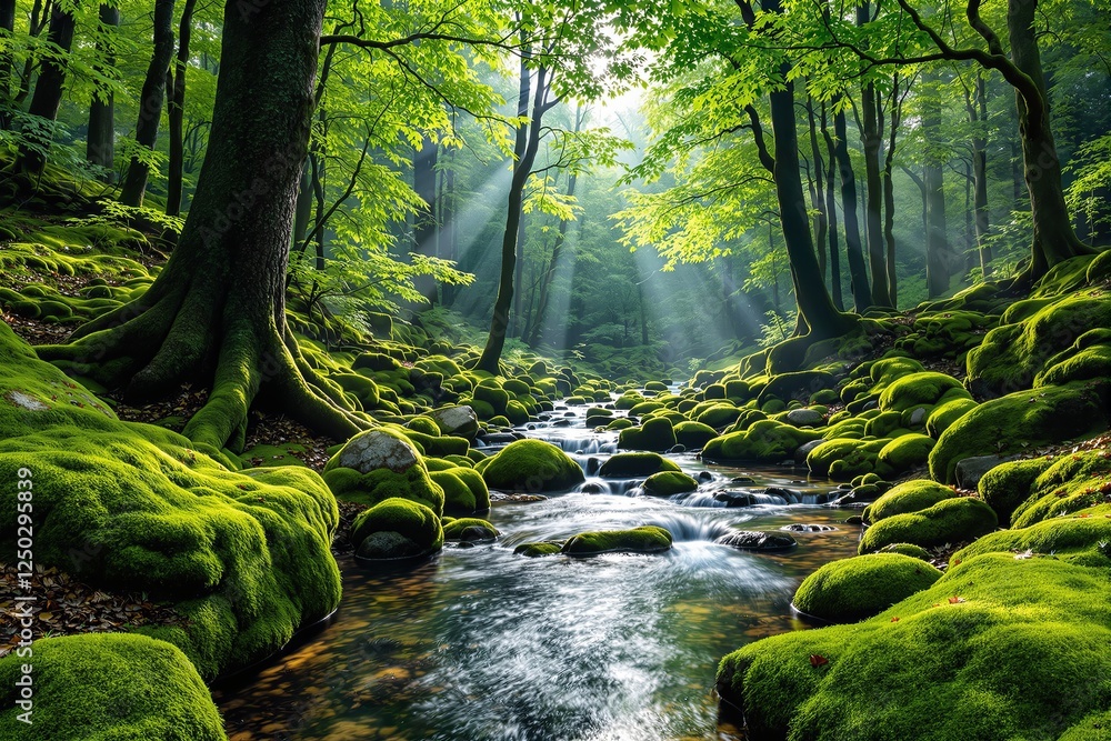 Poster lush green forest with mossy rocks and a gentle stream flowing through. sunlight filters through the