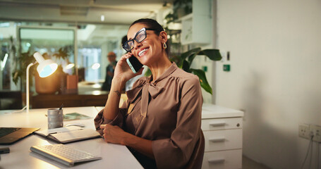 Woman, phone call and financial feedback in office, collaboration and plan for sustainable funding....