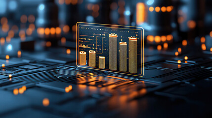 Digital display showing data visualization on circuit board with glowing elements, representing technology and analytics
