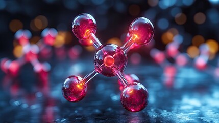 Abstract representation of molecular structure with glowing red atoms against a blurred background
