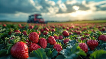 Lush strawberry field with ripe berries in foreground and tractor harvesting in sunset backdrop
