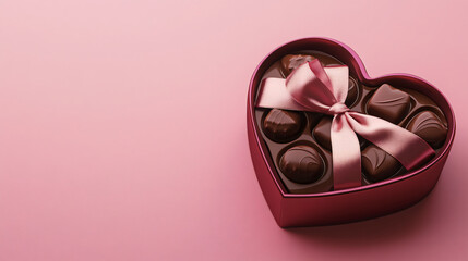 Heart-shaped box filled with delicious chocolates and a pink ribbon on a soft pink background.