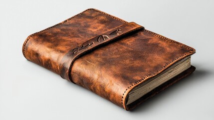 Obraz premium Distressed Brown Leather Journal on Gray Background