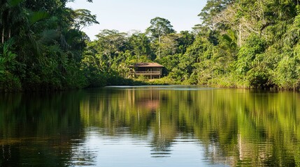 Fototapeta premium Gentle River Flowing Through the Rainforest with Clear Water Reflecting Trees and a Peaceful Atmosphere