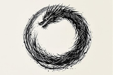 Fototapeta premium Abstract dragon ouroboros illustration with ink brush strokes on light background. Concept of eternity, cycle of life, and mysticism. Ai generative
