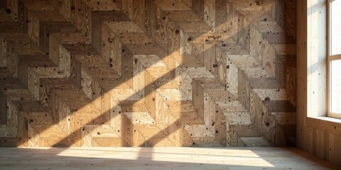 Fototapeta premium Sunlight Illuminates a Room with a Stunning Herringbone Wood Wall and Matching Floor