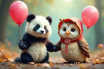 Obraz premium Two cute pandas and owls wearing bonnets, holding balloons , playful, festive, whimsical