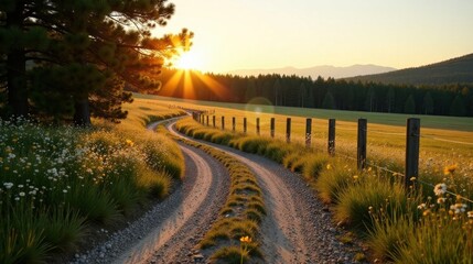Obraz premium Serene Sunset Vista A Winding Country Road at Golden Hour, Flanked by Wildflowers and a Rustic Fence, Leading Towards a Majestic Mountain Range
