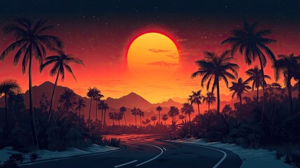Serene sunset over a winding road framed by palm trees and mountains in the background