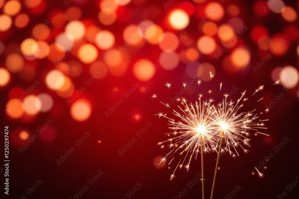 Poster two bright sparklers burning with golden sparks against a festive red background with glowing bokeh 