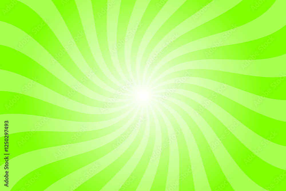 Poster Green background with white sun ray. Pattern of starburst. Abstract spring green texture with light of sunburst. Radial beam of sunlight. Retro background with flash. Design of sunbeams.