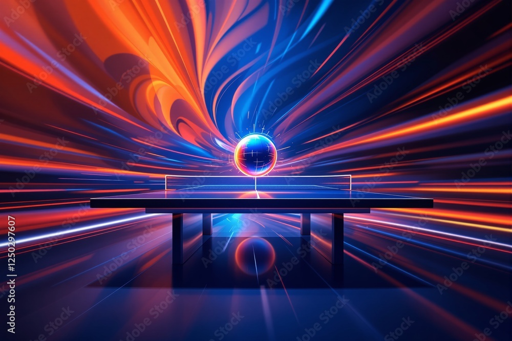 Poster futuristic ping pong table with a glowing ball, surrounded by dynamic motion streaks in blue and ora