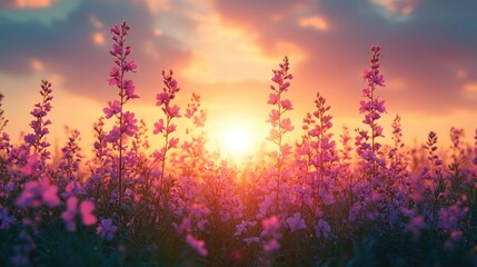 Vibrant sunrise over a field of blooming flowers, creating a serene and picturesque landscape