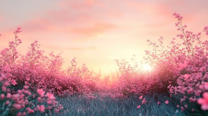 Serene sunset over a blooming field of pink flowers, creating a tranquil atmosphere