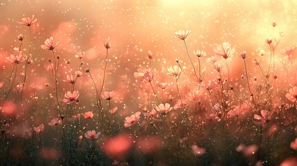 Serene field of blooming flowers at sunset, with soft light and gentle falling petals in the background