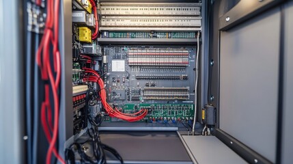 Internal view of a control panel featuring circuit boards and wiring for automation systems.